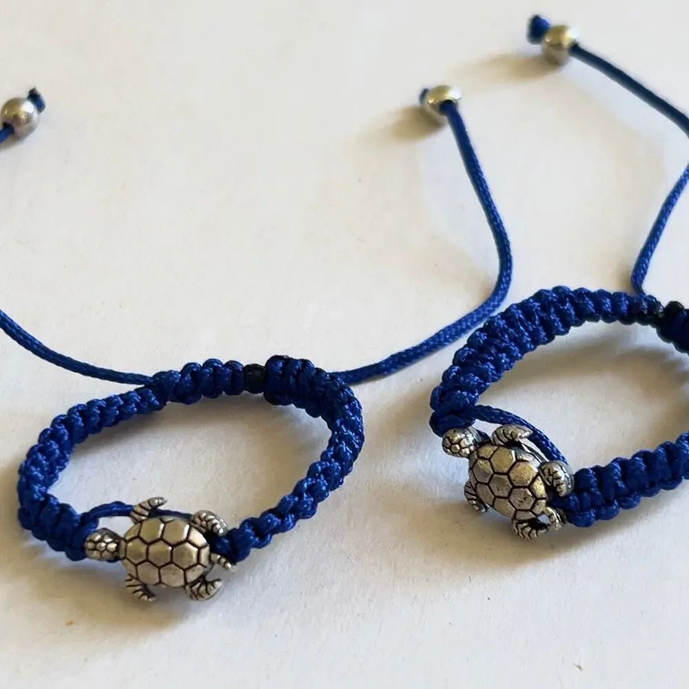 Turtle Blue Adjustable Bracelet Silver Tone Charm Children's Size Handmade